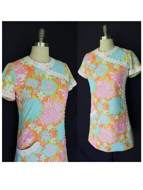 The Lilly Pulitzer vintage floral wrap tunic mod 60s dress Jackie O crochet lace